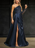 Breanna Trumpet/Mermaid One Shoulder Sweep Train Lace Satin Evening Dress With Pleated UKP0020914