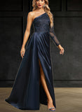 Breanna Trumpet/Mermaid One Shoulder Sweep Train Lace Satin Evening Dress With Pleated UKP0020914