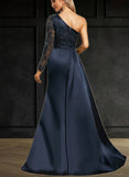 Breanna Trumpet/Mermaid One Shoulder Sweep Train Lace Satin Evening Dress With Pleated UKP0020914