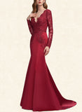 Genesis Trumpet/Mermaid V-Neck Sweep Train Lace Satin Prom Dresses With Sequins UKP0020931