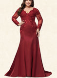 Genesis Trumpet/Mermaid V-Neck Sweep Train Lace Satin Prom Dresses With Sequins UKP0020931