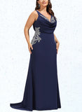 Paityn Trumpet/Mermaid V-Neck Sweep Train Stretch Crepe Evening Dress With Pleated Appliques Lace UKP0020936