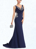 Paityn Trumpet/Mermaid V-Neck Sweep Train Stretch Crepe Evening Dress With Pleated Appliques Lace UKP0020936