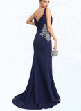 Paityn Trumpet/Mermaid V-Neck Sweep Train Stretch Crepe Evening Dress With Pleated Appliques Lace UKP0020936