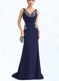 Paityn Trumpet/Mermaid V-Neck Sweep Train Stretch Crepe Evening Dress With Pleated Appliques Lace UKP0020936