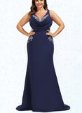 Paityn Trumpet/Mermaid V-Neck Sweep Train Stretch Crepe Evening Dress With Pleated Appliques Lace UKP0020936