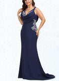 Paityn Trumpet/Mermaid V-Neck Sweep Train Stretch Crepe Evening Dress With Pleated Appliques Lace UKP0020936