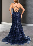 Kendal Trumpet/Mermaid V-Neck Sweep Train Lace Prom Dresses With Sequins UKP0020940