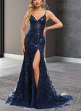 Kendal Trumpet/Mermaid V-Neck Sweep Train Lace Prom Dresses With Sequins UKP0020940