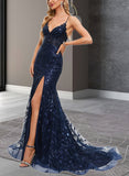 Kendal Trumpet/Mermaid V-Neck Sweep Train Lace Prom Dresses With Sequins UKP0020940