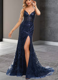 Kendal Trumpet/Mermaid V-Neck Sweep Train Lace Prom Dresses With Sequins UKP0020940