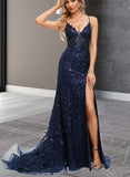 Kendal Trumpet/Mermaid V-Neck Sweep Train Lace Prom Dresses With Sequins UKP0020940