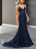 Kendal Trumpet/Mermaid V-Neck Sweep Train Lace Prom Dresses With Sequins UKP0020940