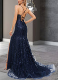 Kendal Trumpet/Mermaid V-Neck Sweep Train Lace Prom Dresses With Sequins UKP0020940