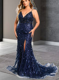 Kendal Trumpet/Mermaid V-Neck Sweep Train Lace Prom Dresses With Sequins UKP0020940