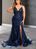 Kendal Trumpet/Mermaid V-Neck Sweep Train Lace Prom Dresses With Sequins UKP0020940