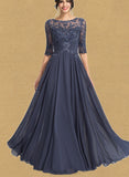 Camilla A-line Scoop Illusion Floor-Length Chiffon Lace Evening Dress With Pleated Sequins UKP0020942