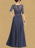 Camilla A-line Scoop Illusion Floor-Length Chiffon Lace Evening Dress With Pleated Sequins UKP0020942