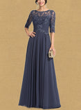 Camilla A-line Scoop Illusion Floor-Length Chiffon Lace Evening Dress With Pleated Sequins UKP0020942