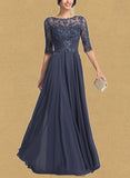 Camilla A-line Scoop Illusion Floor-Length Chiffon Lace Evening Dress With Pleated Sequins UKP0020942