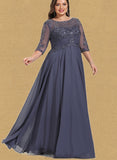 Camilla A-line Scoop Illusion Floor-Length Chiffon Lace Evening Dress With Pleated Sequins UKP0020942