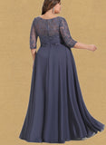 Camilla A-line Scoop Illusion Floor-Length Chiffon Lace Evening Dress With Pleated Sequins UKP0020942