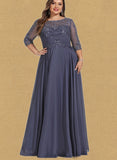 Camilla A-line Scoop Illusion Floor-Length Chiffon Lace Evening Dress With Pleated Sequins UKP0020942