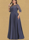 Camilla A-line Scoop Illusion Floor-Length Chiffon Lace Evening Dress With Pleated Sequins UKP0020942