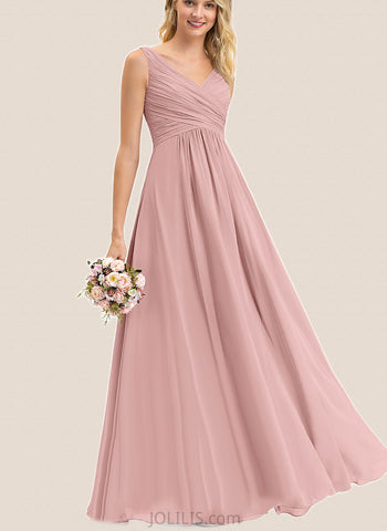 Lucile A-line V-Neck Floor-Length Chiffon Evening Dress With Pleated UKP0020943