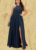 Aleena A-line Scoop Illusion Floor-Length Chiffon Lace Evening Dress UKP0020944