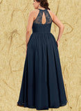 Aleena A-line Scoop Illusion Floor-Length Chiffon Lace Evening Dress UKP0020944