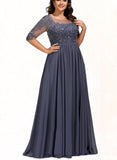 Lucia A-line Scoop Illusion Floor-Length Chiffon Lace Evening Dress With Sequins UKP0020946