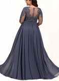 Lucia A-line Scoop Illusion Floor-Length Chiffon Lace Evening Dress With Sequins UKP0020946