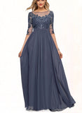 Lucia A-line Scoop Illusion Floor-Length Chiffon Lace Evening Dress With Sequins UKP0020946