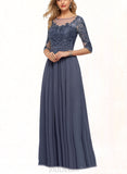 Lucia A-line Scoop Illusion Floor-Length Chiffon Lace Evening Dress With Sequins UKP0020946