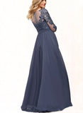 Lucia A-line Scoop Illusion Floor-Length Chiffon Lace Evening Dress With Sequins UKP0020946