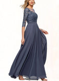 Lucia A-line Scoop Illusion Floor-Length Chiffon Lace Evening Dress With Sequins UKP0020946