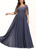 Lucia A-line Scoop Illusion Floor-Length Chiffon Lace Evening Dress With Sequins UKP0020946