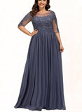 Lucia A-line Scoop Illusion Floor-Length Chiffon Lace Evening Dress With Sequins UKP0020946