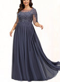 Lucia A-line Scoop Illusion Floor-Length Chiffon Lace Evening Dress With Sequins UKP0020946