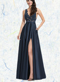 Riya A-line V-Neck Floor-Length Lace Satin Evening Dress With Sequins UKP0020947