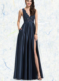 Riya A-line V-Neck Floor-Length Lace Satin Evening Dress With Sequins UKP0020947