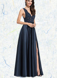 Riya A-line V-Neck Floor-Length Lace Satin Evening Dress With Sequins UKP0020947