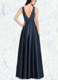 Riya A-line V-Neck Floor-Length Lace Satin Evening Dress With Sequins UKP0020947