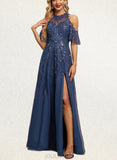 Peyton A-line Cold Shoulder Scoop Illusion Floor-Length Lace Tulle Evening Dress With Sequins UKP0020950