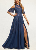 Peyton A-line Cold Shoulder Scoop Illusion Floor-Length Lace Tulle Evening Dress With Sequins UKP0020950