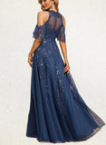 Peyton A-line Cold Shoulder Scoop Illusion Floor-Length Lace Tulle Evening Dress With Sequins UKP0020950