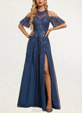 Peyton A-line Cold Shoulder Scoop Illusion Floor-Length Lace Tulle Evening Dress With Sequins UKP0020950