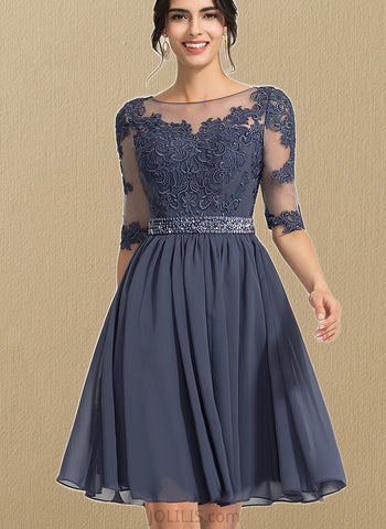 Skylar A-line Scoop Knee-Length Chiffon Lace Cocktail Dress With Beading UKP0020951