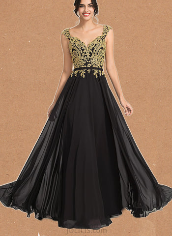 Helena A-line V-Neck Floor-Length Chiffon Lace Evening Dress UKP0020959